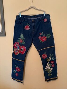 Upcycled, Embellished, Embroidered Floral Dark Blue Jeans